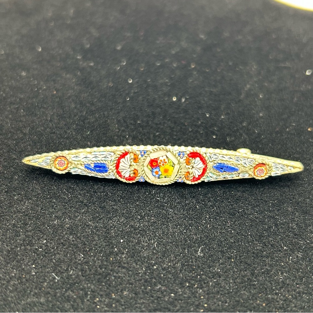 Vintage ‘Grand Tour’ Era Venetian Micro Mosaic Silver Tone Bar Pin Made In Italy